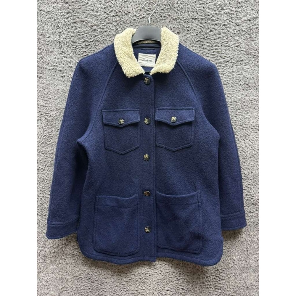 Aritzia Wilfred Free Pacific Sherpa Collar Shirt Jacket Navy Blue Womens Size M
